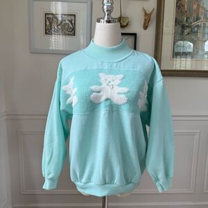 Vintage 80s Fashion Force Mint Green Teddy Bear Mock Neck Sweatshirt S